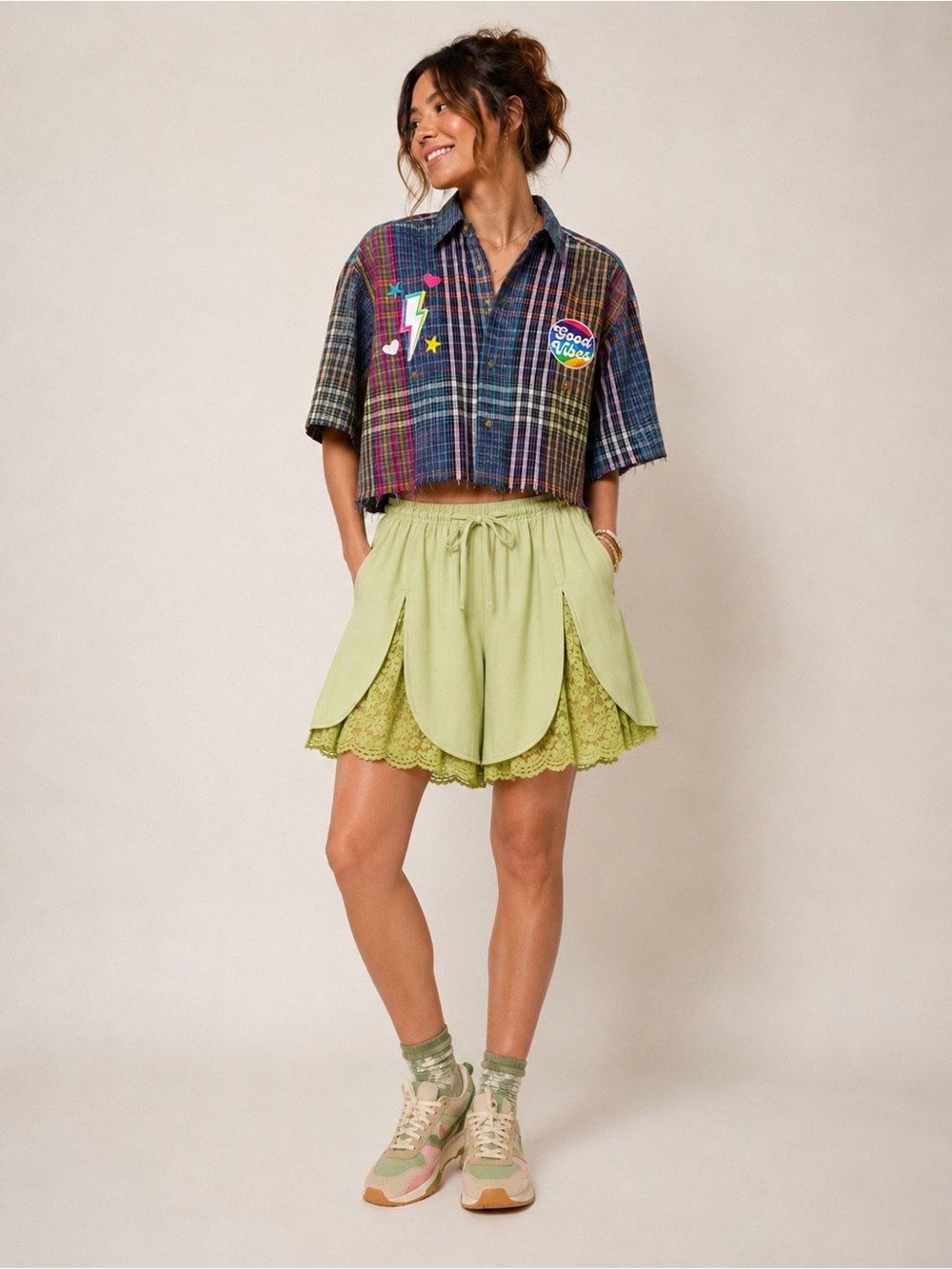 Upcycled Cropped Colorful Button Down Shirt Men's Medium